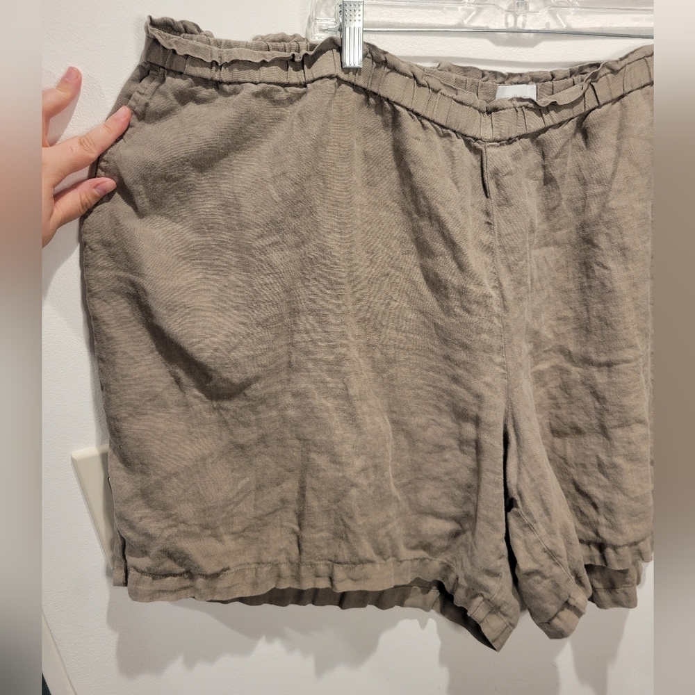 Purejill Size 4x 100% Linen Sage Green Elastic Waist Shorts Pockets
